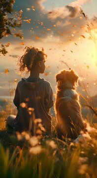 little girl and dog sitting in a meadow enjoying togetherness in sunset with her best friend. A lovely vertical video that expresses the friendship between humans and animals.

