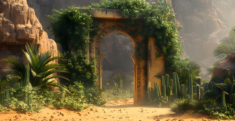 A lush green archway in a desert setting