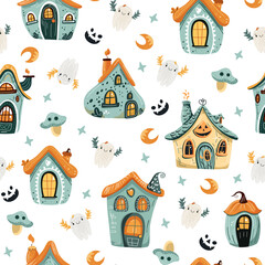 halloween seamless pattern with houses