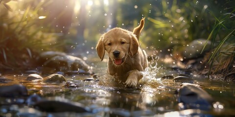 An adorable puppy frolics in a stream, playfully with a cardboard box on its head, exuding innocence and curiosity