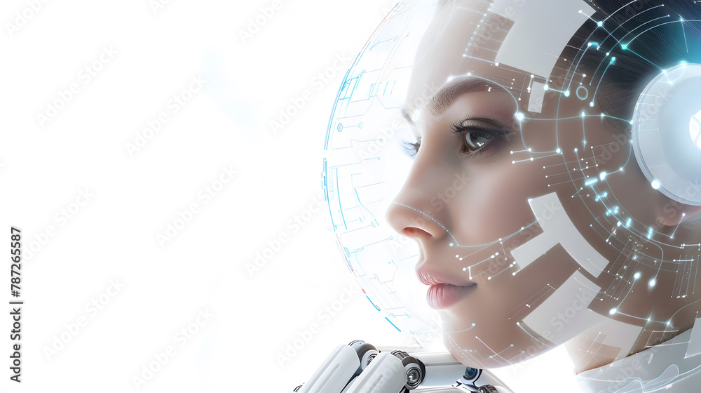 Poster Attractive businesswoman with robot face on white background Digital interface with binary code and head with virtual globe in the foreground Concept of artificial intelligence Copy sp : Generative AI