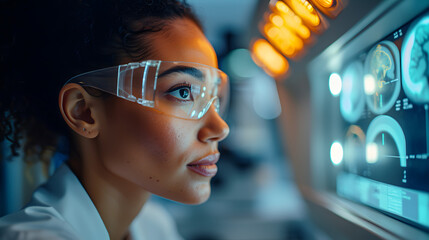 Female scientist analyzing data on a digital screen with protective glasses. Futuristic laboratory research concept. Focus on innovative technology in science and medicine for educational content