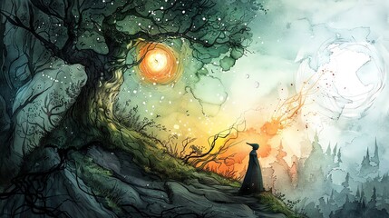 A magical fullbodied character exploring a mystical realm, created by a skilled illustrator - obrazy, fototapety, plakaty