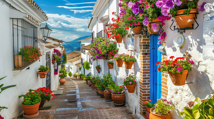 A charming street in Mijas adorned with flower pots hanging from facades, showcasing the traditional beauty of Andalusian white villages in the Costa del Sol region of Southern Spain. - obrazy, fototapety, plakaty