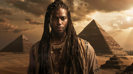 A handsome black man stands tall against a backdrop of majestic pyramids adorned in traditional Egyptian attire. His dark eyes are highlighted with shimmering gold and his long braided . - obrazy, fototapety, plakaty