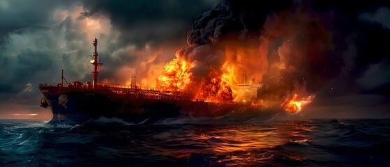 Fiery Ship Ablaze in the Dark Ocean, Dramatic Marine Disaster Scene. Evocative of Adventure and Peril. Cinematic Style Imagery Capturing a Moment of Action. AI