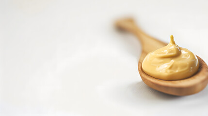 Selective focus on Dijon mustard on top of wooden spoon on white background The wooden spoon is blurry Copy space : Generative AI - obrazy, fototapety, plakaty