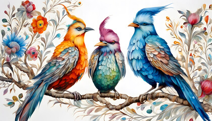 Three fantasy birds next to each other on a  white background