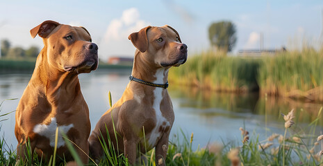 Two dogs are sitting next to each other by a body of water