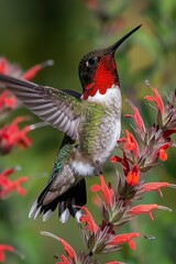 Fototapeta premium Elegantly vibrant hummingbirds in flight targeting colorful flower nectar with precision