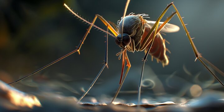 This detailed close-up shows a mosquito in a blurred natural background, highlighting its anatomy and the sharpness of the image