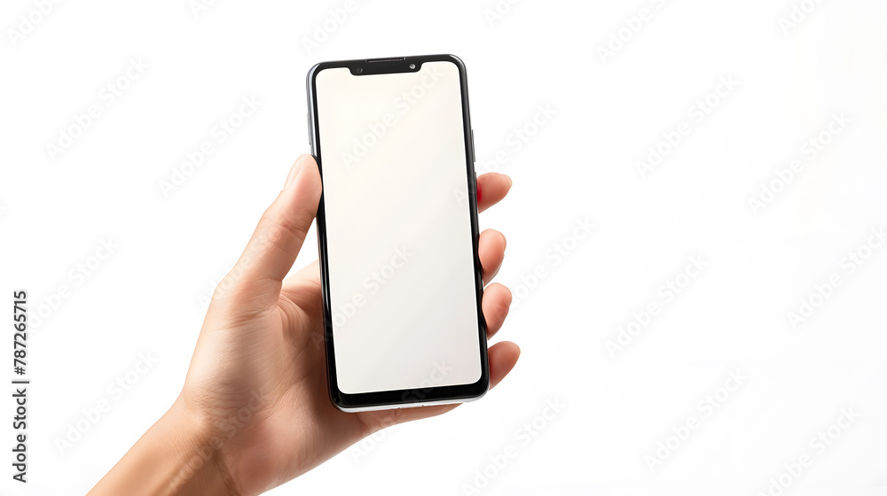 Poster woman hand holding smartphone with blank white screen phone isolated on white background for mockup 