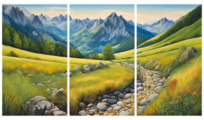 A panoramic landscape with mountains, widescreen, triptych