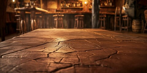 The image captures the rugged and warm ambiance of a wooden tavern with vintage-style furniture and dim lighting - obrazy, fototapety, plakaty