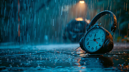 A vintage alarm clock sits on a table with headphones, set against a backdrop of rain. This concept represents the intertwining of time and music listening.