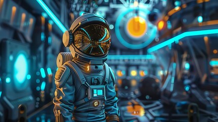 Alien astronaut exploring a futuristic school in outer space - obrazy, fototapety, plakaty