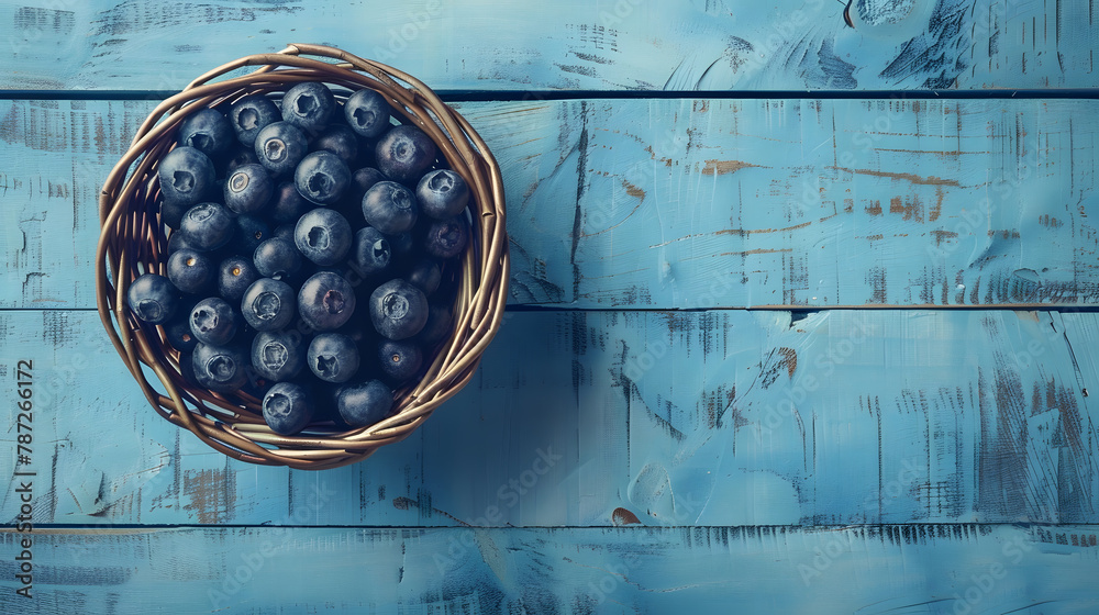Poster ripe blueberries in a wicker bowl on a blue rustic wooden table flat lay shot harvesting and healthy