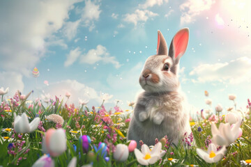 A rabbit is standing in a field of flowers - obrazy, fototapety, plakaty