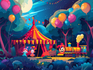 Illustration of a carnival background with circus tent, set up and ready to receive visitors.