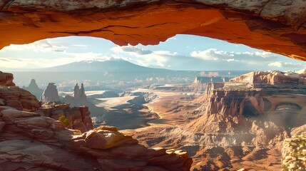 Breathtaking panoramic view of a majestic desert landscape from a cave. Serene, natural beauty captured in crisp detail. Perfect for backgrounds and exploration themes. AI