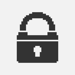 black and white simple flat 1bit vector pixel art icon of retro vintage locked padlock. privacy and access safety