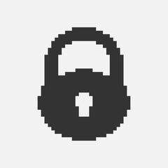 black and white simple flat 1bit vector pixel art icon of retro vintage locked padlock. privacy and access safety