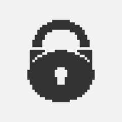 black and white simple flat 1bit vector pixel art icon of retro vintage locked padlock. privacy and access safety