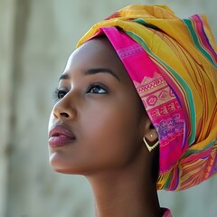 a woman with a colorful head wrap