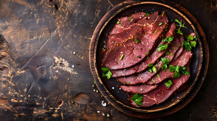 Pastrami slices dried beef meat with herbs in wooden plate Wooden background Top view Copy space : Generative AI - obrazy, fototapety, plakaty