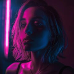 a woman with short hair and pink and blue light
