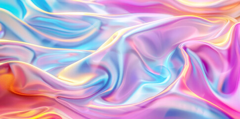 3D render of a colorful iridescent holographic background. Colorful abstract fluid liquid waves with a hologram effect, holography, a shiny wavy cloth texture.