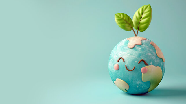 3d cute earth with smile and leaf on top, pastel color background for world environment day concept banner design, copy space area