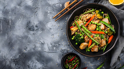 Wok with turkey meat soba noodles corn green peas green beans and carrots served on gray background...