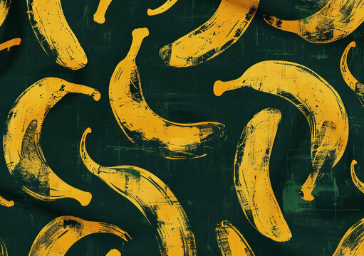 Green and yellow banana pattern with the words bananas on dark green and black background, tropical fruit design concept