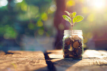 A glass jar filled with coins and a growing plant on a wooden table in the sunlight, a closeup photo of a financial concept in the style of growing plant.