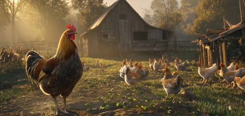 A proud rooster stands in front of a flock of hens with an old barn in the backdrop, evoking rural farm life - obrazy, fototapety, plakaty