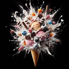 Ice cream explosion isolated on a black background