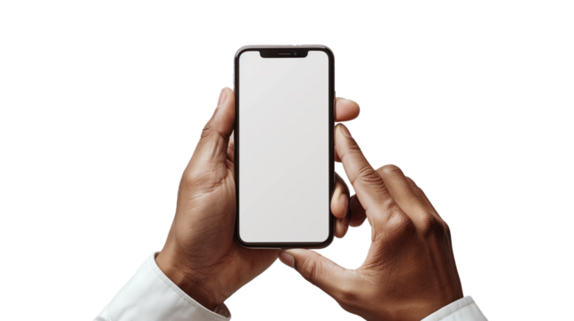 hand holding mobile phone with blank screen with transparency background