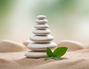 White zen stones stacked ideally into a pillar with green leaves and beige background 