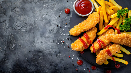 Breaded chicken strips with french fries and ketchup Gray backgrund Top view Copy space : Generative AI - obrazy, fototapety, plakaty