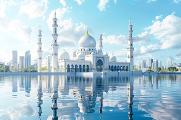 Obraz premium 3d rendering of white mosque with reflection on water, Abu Dhabi city landscape background, blue sky and clouds.Eid al-Adha