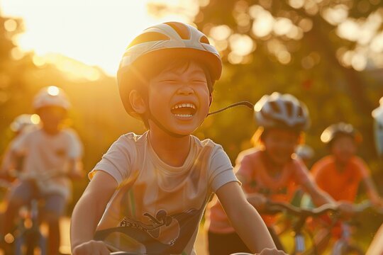 A photo of a happy Asian boy riding a bicycle with friend to school. Generate AI image