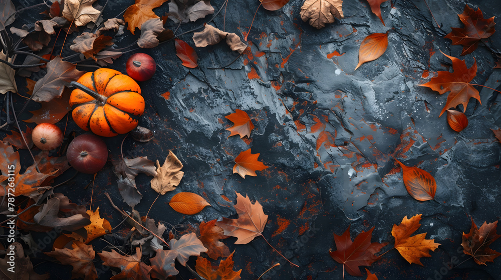 Poster thanksgiving and autumn decoration concept made from autumn leaves and pumpkin on stone background f