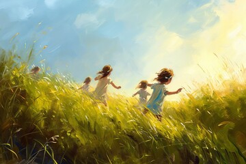 Children running through tall grass in sunlight, digital painting evoking warmth, motion, essence of carefree summer days. Joyful sprint of children through a field - obrazy, fototapety, plakaty