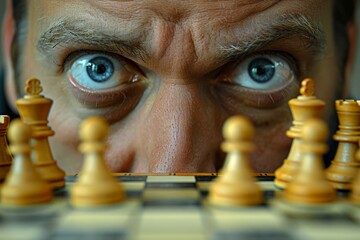 Contemplative business leader strategizing over chessboard with intense focus on pieces