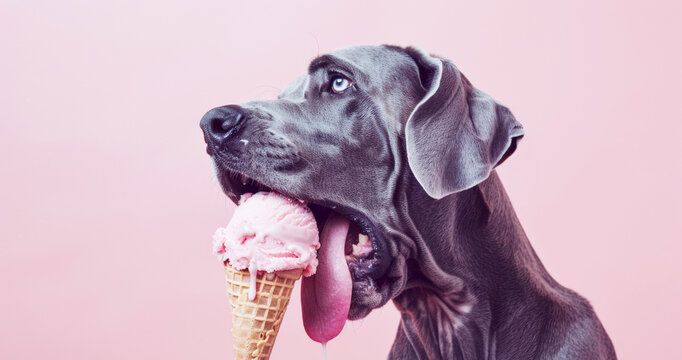 A gray Great Dane dog licking ice cream from an cone, isolated on orange background with copy space