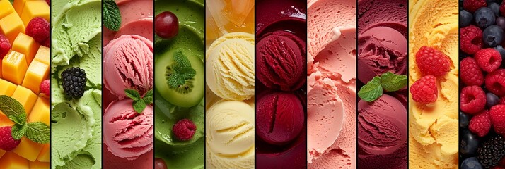 Collage of delicious different taste of ice cream and sorbet with berries and different sauces.
