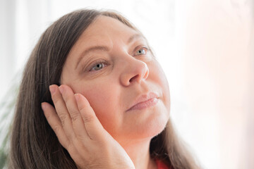 face mature woman 50 years old, human fat neck, side view, wrinkles on skin, facelift, age-related...