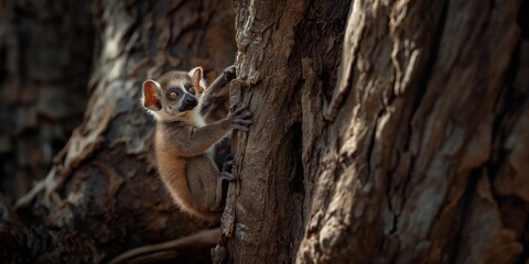 A curious lemur with bright eyes climbs on the rough surface of a tree, showcasing its natural habitat and agile nature