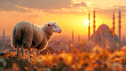 Cute sheep sitting on the carpet in a mosque at sunset. The concept of the holy month of Ramadan,...